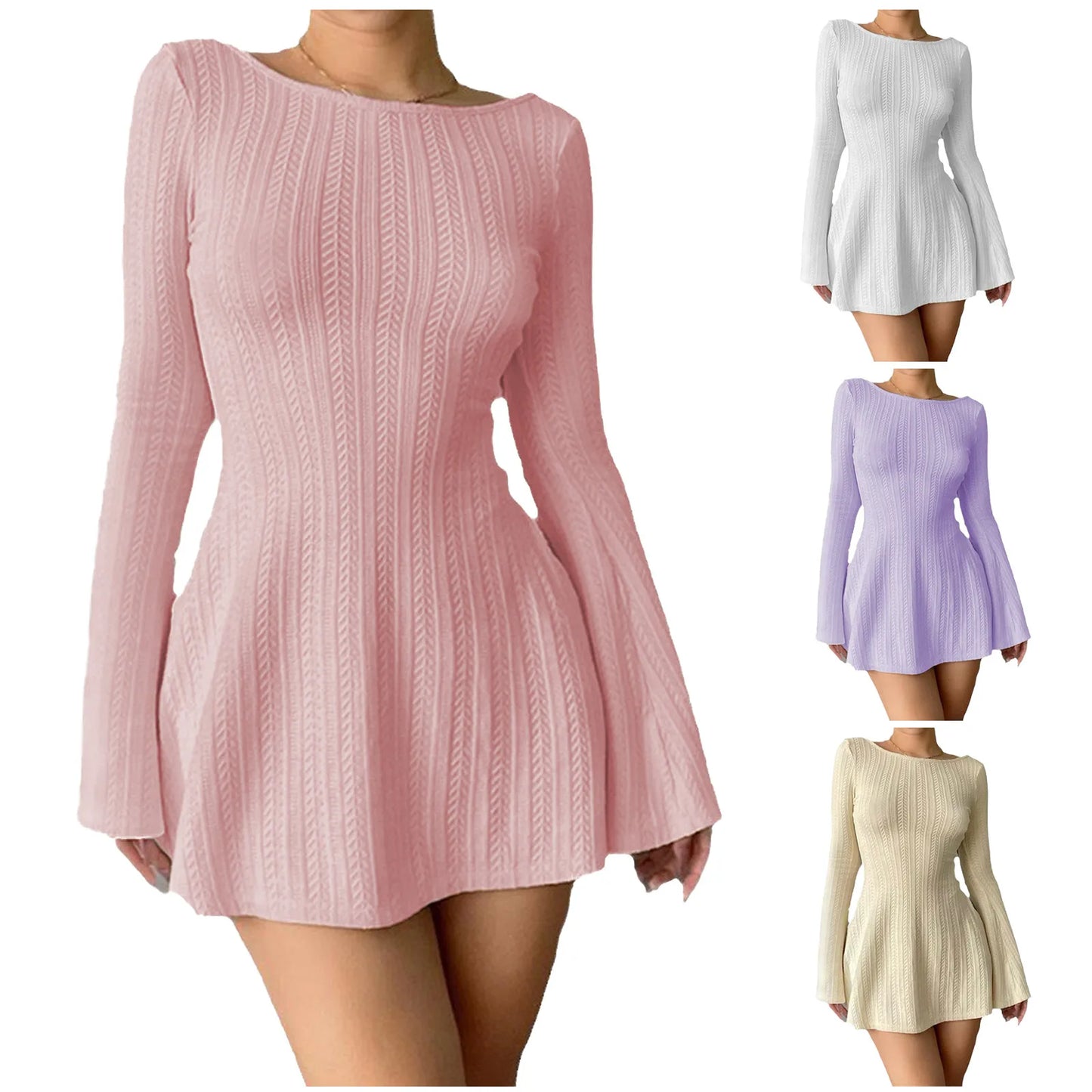 Ribbed Knit A-Line Sweater Dress – Long Sleeve, Crewneck, Casual Bodycon Fit