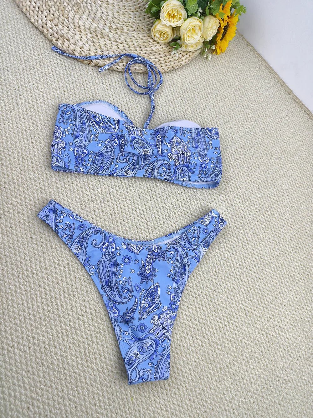 Mesh Printed Three-Piece Bikini Set with Push-Up