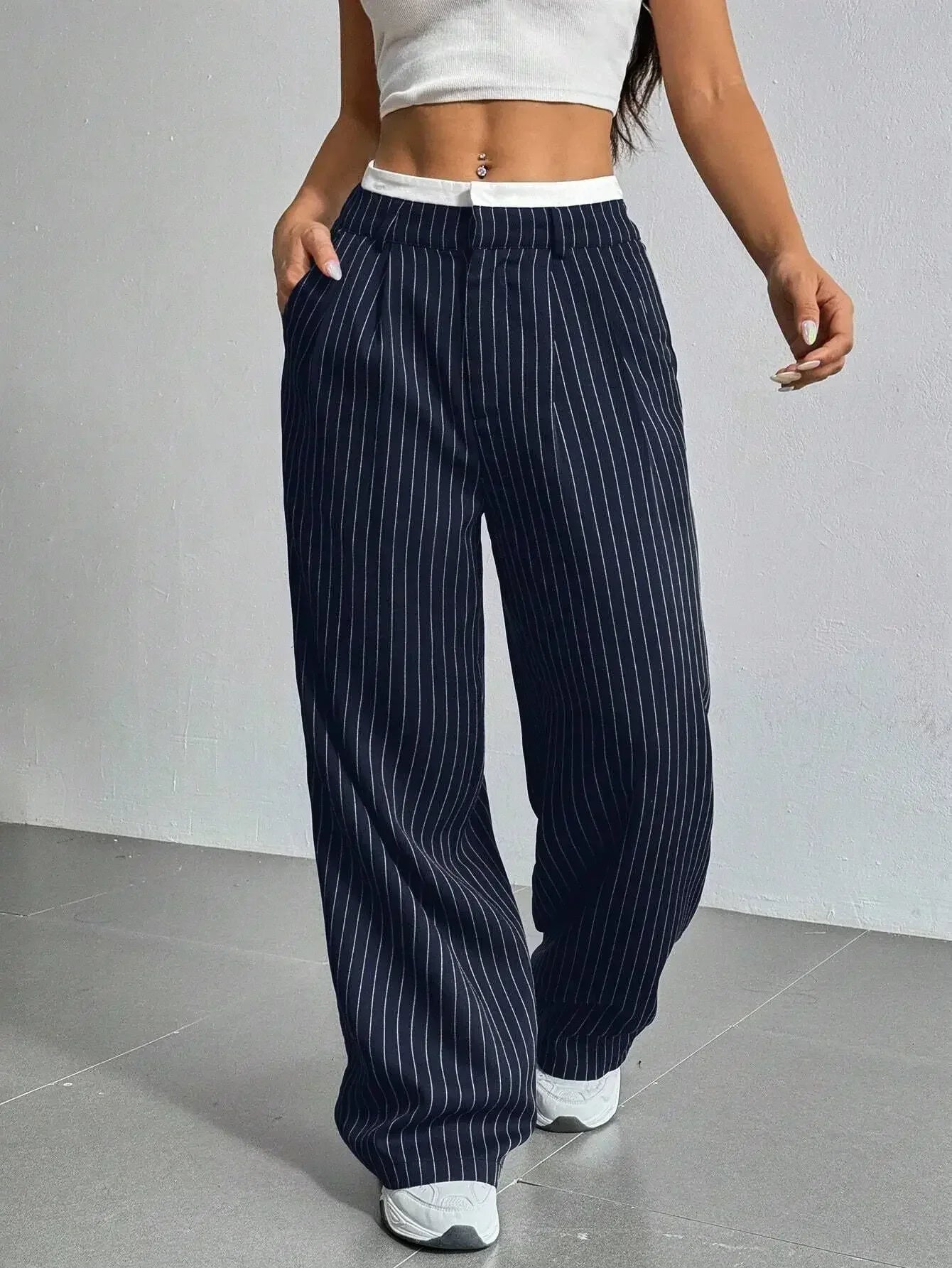 High Waist Casual Striped Wide-Leg Pants