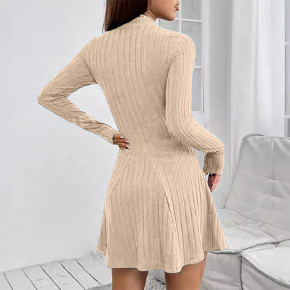 Women's Slim Fit Long Sleeve Sweater Dress – Elegant & Striped, Round Neck, Autumn Winter Style