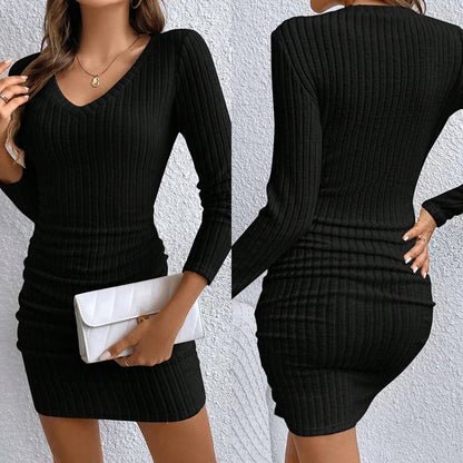 Mia Muse Ribbed Knit V-Neck Mini Dress – Slim Fit, Long Sleeve, Fall Winter Style