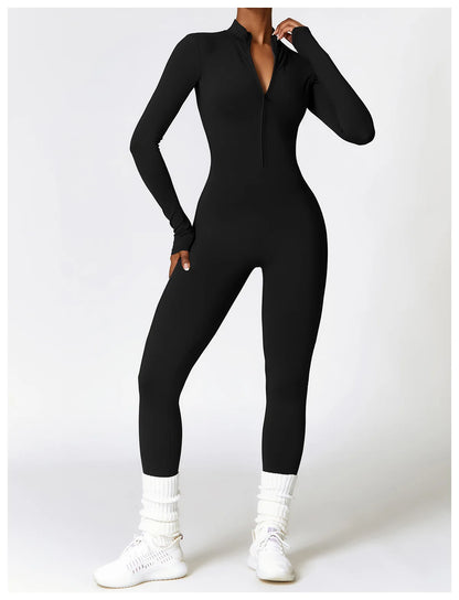 Zip-Up Long Sleeve Yoga Romper One-Piece Fitness Jumpsuit