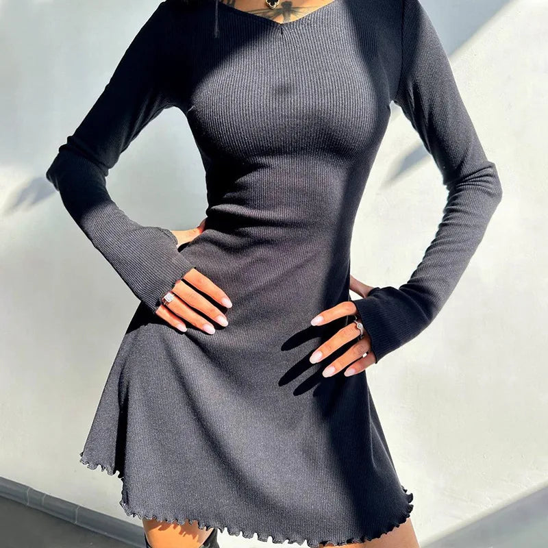 Knitted Bodycon Mini Dress – Long Sleeve, Autumn Winter Streetwear