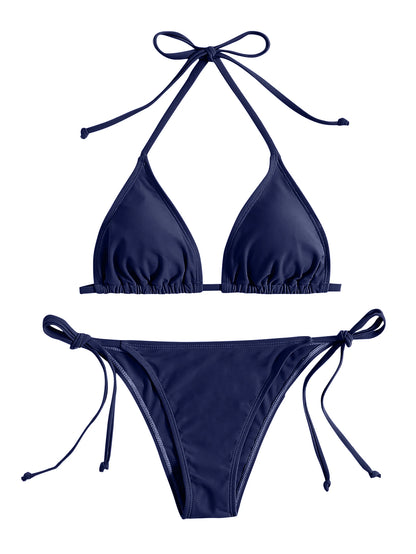 Navy Blue Triangle Bikini Set with Bandage Detail