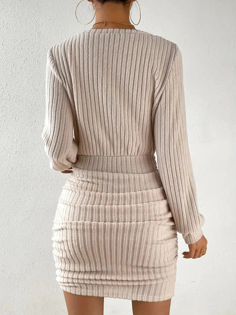 V Neck Ribbed Sleeve Slim Bodycon Knitted Short Dress