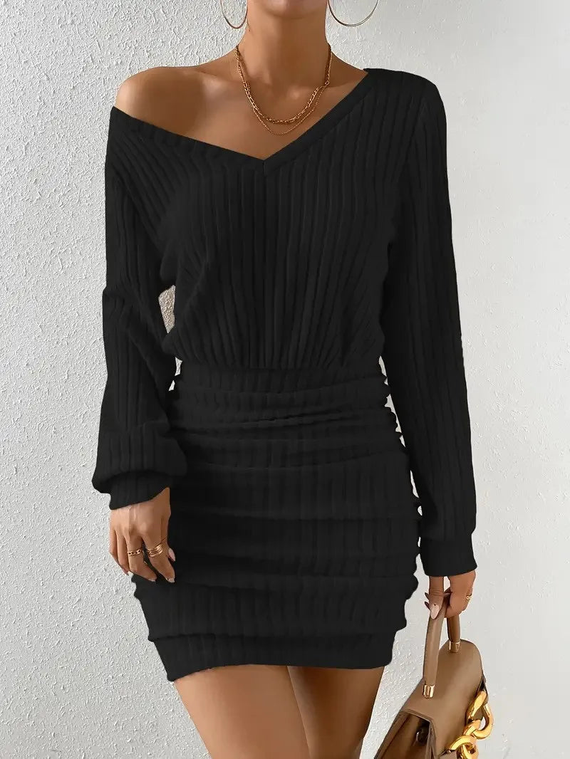 V Neck Ribbed Sleeve Slim Bodycon Knitted Short Dress