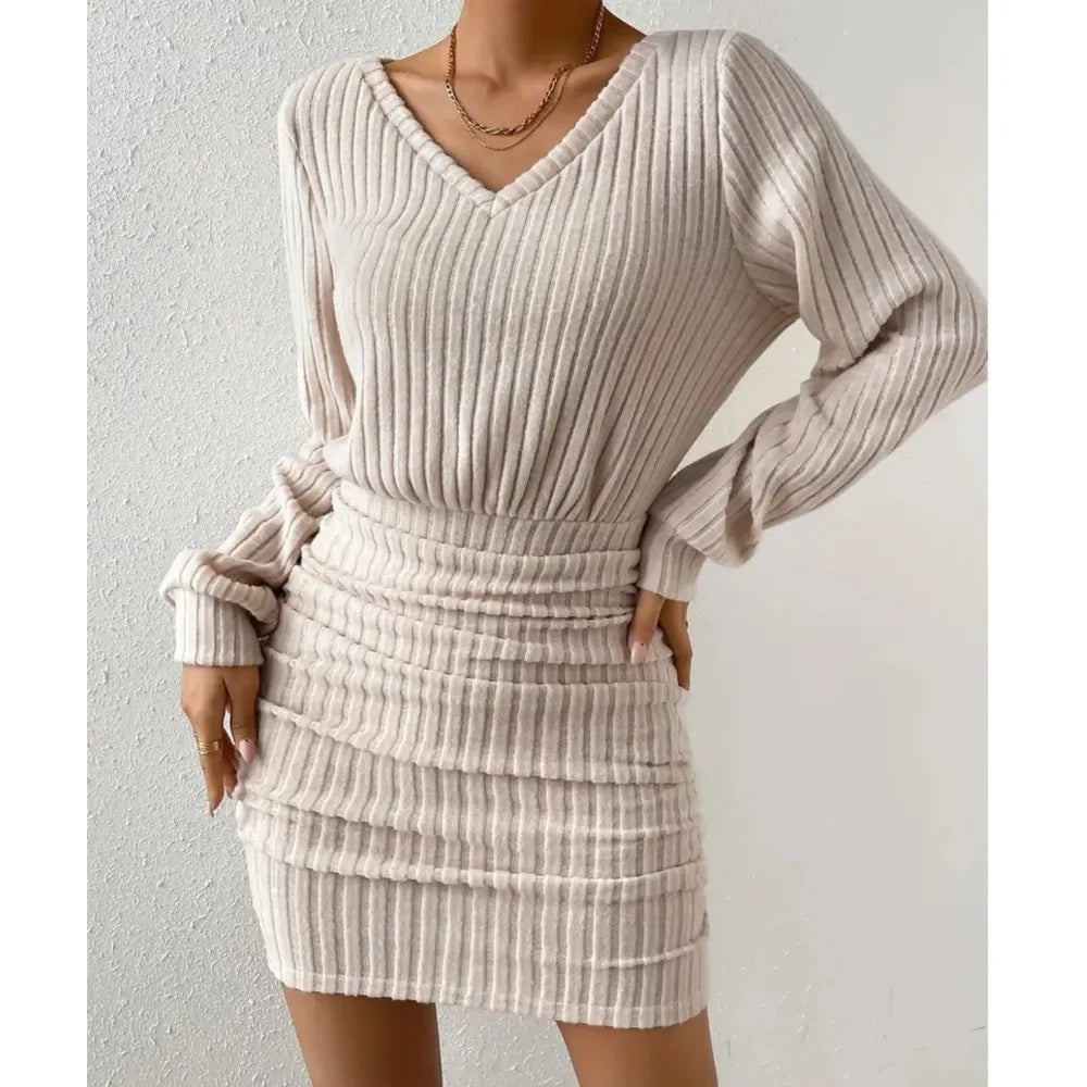 V Neck Ribbed Sleeve Slim Bodycon Knitted Short Dress