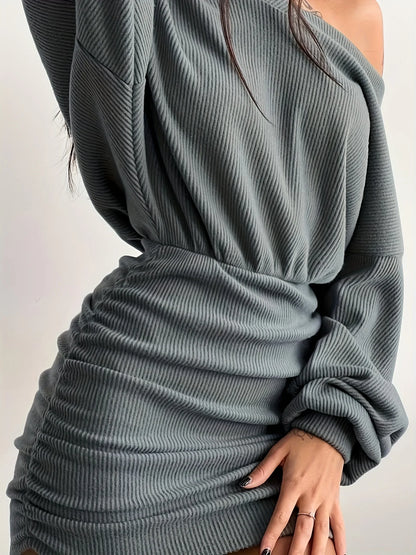 Ruched V-Neck Long Sleeve Bodycon Mini Dress