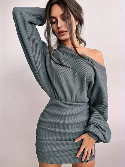 Ruched V-Neck Long Sleeve Bodycon Mini Dress