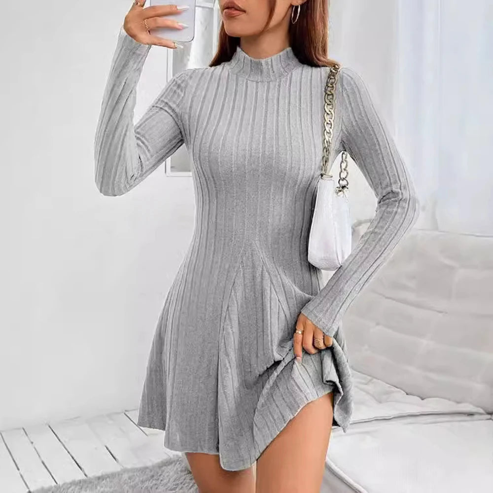 Women's Slim Fit Long Sleeve Sweater Dress – Elegant & Striped, Round Neck, Autumn Winter Style