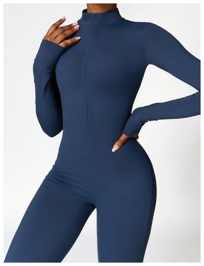 Zip-Up Long Sleeve Yoga Romper One-Piece Fitness Jumpsuit