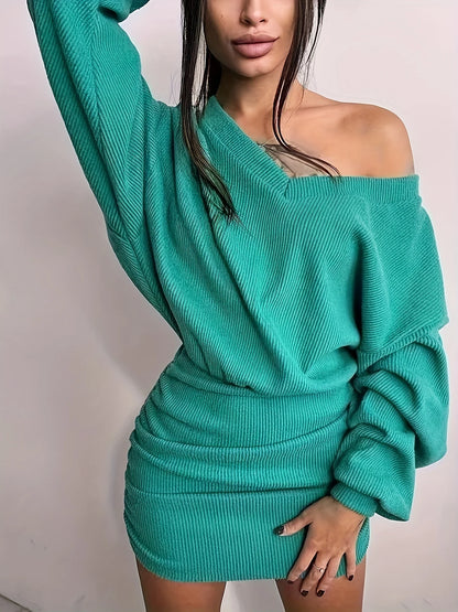 Ruched V-Neck Long Sleeve Bodycon Mini Dress