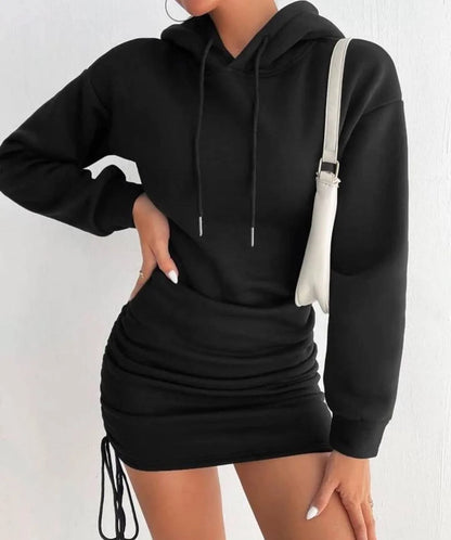 Women's Hooded Drawstring Hoodie Dress – Sexy Fit, Long Sleeve, Autumn & Winter Style