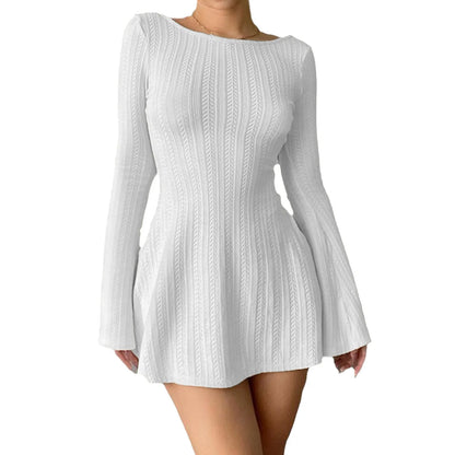 Ribbed Knit A-Line Sweater Dress – Long Sleeve, Crewneck, Casual Bodycon Fit