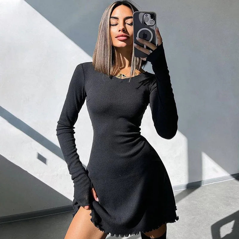 Knitted Bodycon Mini Dress – Long Sleeve, Autumn Winter Streetwear