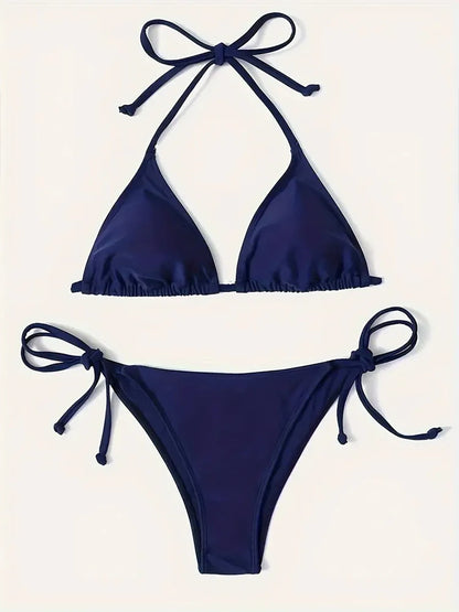 Navy Blue Triangle Bikini Set with Bandage Detail