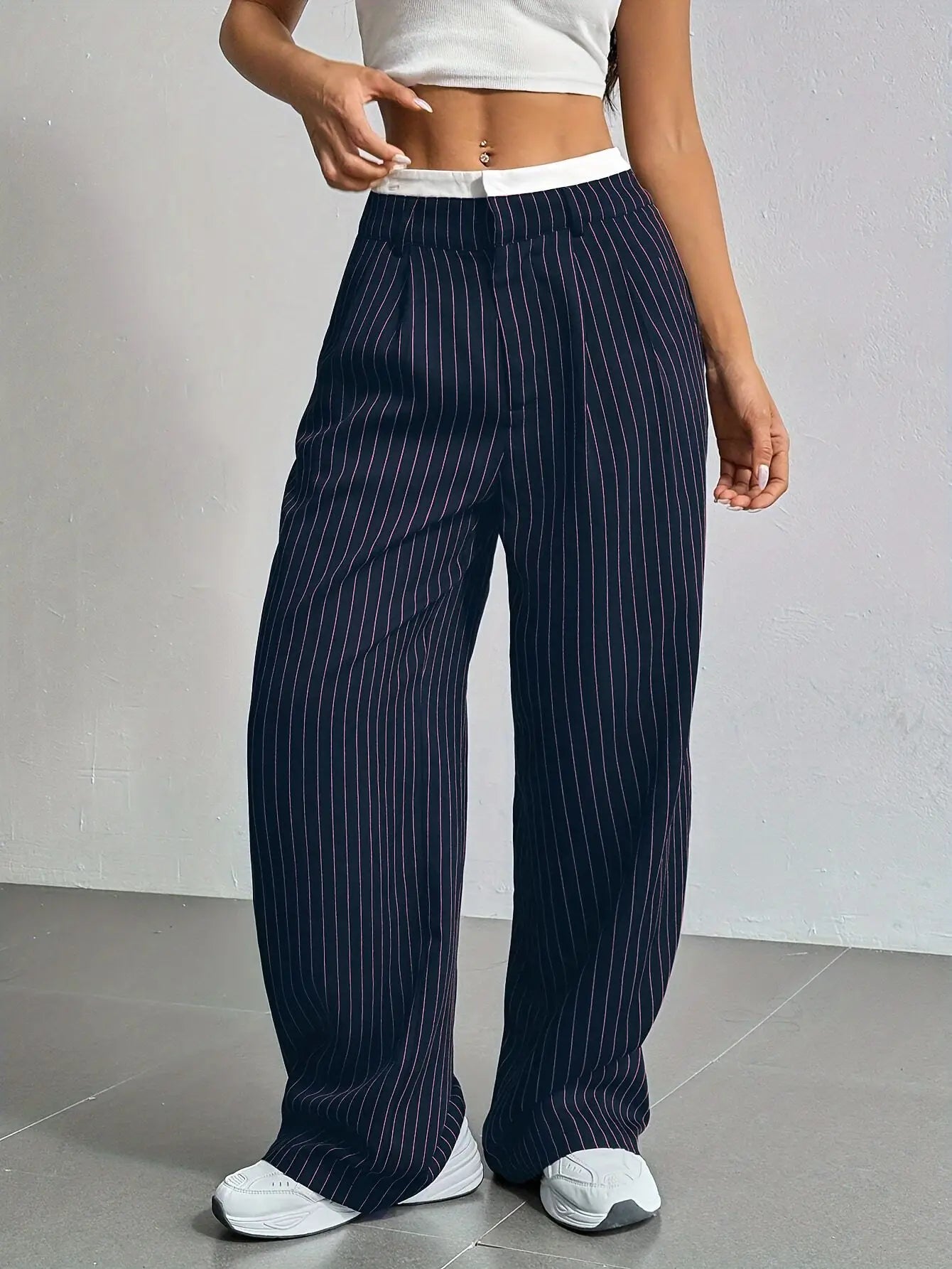 High Waist Casual Striped Wide-Leg Pants